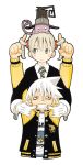  1boy 1girl :3 absurdres animal animal_on_head black_cat blair blonde_hair blush cat cat_on_head gloves green_eyes hat highres jacket maka_albarn necktie scan short_hair soul_eater soul_eater_(character) twintails white_hair witch_hat 