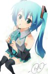  1girl aqua_eyes aqua_hair bad_id blue_nails detached_sleeves drinking_straw from_above green_eyes hands hatsune_miku juice_box kousou long_hair nail_polish necktie sitting skirt solo thigh-highs twintails vocaloid zettai_ryouiki 