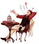  cake food formal jacket male necktie pastry redhead sen_(pixiv) sitting table tea tiered_serving_stand translation_request umineko_no_naku_koro_ni ushiromiya_battler 