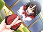  1girl apron black_hair blush brown_eyes brown_hair covering embarrassed game_cg matsuo_yukihiro memories_off memories_off#5 open_mouth orange_eyes plaid school_uniform sendou_mahiro sendou_mahiru short_hair skirt skirt_tug solo table thigh_gap thighs waitress window 