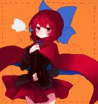  1girl bangs black_shirt blue_bow blush bow breath cloak commentary eyebrows_visible_through_hair hair_bow long_sleeves looking_to_the_side miniskirt orange_background red_cloak red_eyes red_skirt redhead sekibanki shirt short_hair skirt solo sonic2452 touhou 