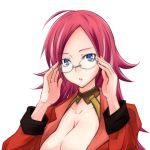 1girl :o adjusting_glasses blue_eyes breasts cleavage fate/extra fate/stay_night fate_(series) glasses long_hair looking_at_viewer open_mouth redhead rider_(fate/extra) simple_background solo upper_body white_background zanku 