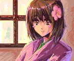  bad_id blush_stickers brown_hair flower hair_flower hair_ornament japanese_clothes kimono mspaint portrait shimaji short_hair sketch smile suzukawa_koume taishou_yakyuu_musume upper_body 