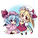  2girls bad_id bat_wings blonde_hair blue_hair chibi female flandre_scarlet halftone halftone_background hat lowres masaru.jp multiple_girls open_mouth polka_dot polka_dot_background ponytail red_eyes remilia_scarlet short_hair siblings side_ponytail sisters sitting standing touhou wings 