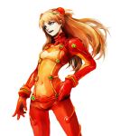  1girl blue_eyes brown_hair female foreshortening hironox neon_genesis_evangelion orange_hair plugsuit rebuild_of_evangelion solo souryuu_asuka_langley test_plugsuit white_background 