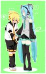  1boy 1girl ? aqua_hair bad_id blonde_hair blue_eyes blush detached_sleeves embarrassed hanacha hand_holding hatsune_miku headphones headset kagamine_len kakabe long_hair necktie short_hair shorts skirt thigh-highs twintails very_long_hair vocaloid zettai_ryouiki 