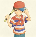  1boy baseball_bat black_eyes black_hair cape hat male_focus mother_(game) mother_1 ninten nintendo simple_background smile solo 