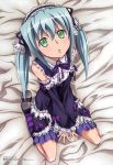  1girl absurdres bed_sheet blue_hair detached_sleeves footwear gothic gothic_lolita green_eyes headband highres kabashima_yousuke kawai_honoka lolita_fashion megami official_art socks solo sora_wo_kakeru_shoujo striped striped_legwear twintails 