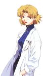  1girl absurdres akagi_ritsuko artbook blonde_hair earrings glasses grey_eyes hands_in_pockets highres honda_takeshi jewelry labcoat mole neon_genesis_evangelion official_art pencil_skirt scan short_hair skirt solo 