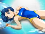  1girl 90s bishoujo_senshi_sailor_moon blue blue_eyes blue_hair competition_swimsuit earrings innertube jewelry lying mizuno_ami one-piece_swimsuit pirochi shiny shiny_clothes short_hair solo submerged swimsuit water 