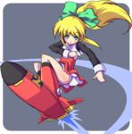  1girl blonde_hair boots bow capcom flying knee_boots red_skirt rockman rockman_(classic) roll sasamashin skirt solo 