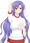  1girl ai_(tick!_tack!) blush breasts buruma caster fate/stay_night fate_(series) gym_uniform half_updo impossible_clothes impossible_shirt large_breasts long_hair pointy_ears purple_hair shichimenchou shirt shuffle! simple_background solo tick!_tack! 