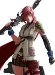  1girl bad_id ex_hk final_fantasy final_fantasy_xiii fingerless_gloves gloves gun lightning_farron pencil_skirt pink_hair simple_background skirt solo sword thigh_strap weapon 