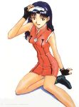  1girl absurdres brown_eyes cross fingerless_gloves gloves highres jewelry katsuragi_misato long_hair long_legs neon_genesis_evangelion official_art pendant purple_hair sadamoto_yoshiyuki scan sitting smile solo sunglasses suzuki_shunji 