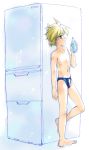  1boy bad_id barefoot blonde_hair blue_eyes bottle child feet kagamine_len male_focus male_swimwear refrigerator short_hair sketch solo swim_briefs swimsuit swimwear torajimaneko vocaloid 