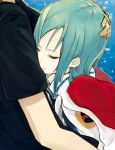  1girl aqua_hair blue_hair blush eureka eureka_seven eureka_seven_(series) hand_behind_head hand_on_another&#039;s_head hand_on_head hrd hug raglan_sleeves short_hair solo_focus tears 