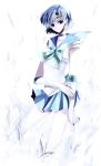  1girl 90s bad_id bishoujo_senshi_sailor_moon blue blue_eyes blue_hair blue_skirt bob_cut bow choker earrings elbow_gloves gloves ice jewelry leotard magical_girl miniskirt mizuno_ami nako nako_(nonrain) pleated_skirt sailor_collar sailor_mercury short_hair skirt smile solo tiara white_gloves 