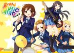  4girls akiyama_mio bad_id black_eyes black_hair blonde_hair blue_eyes brown_eyes brown_hair drum drum_set guitar hirasawa_yui instrument jin_young-in k-on! kotobuki_tsumugi long_hair microphone microphone_stand multiple_girls panties pantyhose pantyshot school_uniform short_hair striped striped_panties synthesizer tainaka_ritsu underwear 