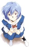  1girl absurdres ayanami_rei blue_hair broken broken_glasses footwear glasses highres nakayama_katsuichi neon_genesis_evangelion pale_skin red_eyes scan school_uniform short_hair skirt smile socks solo 