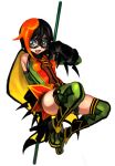  1girl ame-comi batman_(series) belt black_hair blue_eyes boots cape carrie_kelly dc_comics domino_mask elbow_gloves female full_body gauntlets gloves mask multicolored_hair nozoki_davis open_mouth patterned_legwear polearm robin_(dc) short_hair simple_background sleeveless solo spandex staff thigh-highs two-tone_hair weapon 
