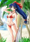  00s 1girl 2009 bad_id beach bikini blue_hair brown_eyes dated edoya_minoru legs long_hair low-tied_long_hair nakoruru samurai_spirits solo swimsuit tied_hair 