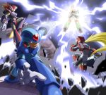  3boys android angry axl blonde_hair blue_eyes cannon capcom epic green_eyes gun long_hair multiple_boys napo no_humans orange_hair ponytail robot rockman rockman_x space sword vava weapon x_(rockman) zero_(rockman) 