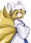  1girl blonde_hair brown_eyes female hands_in_sleeves hat long_sleeves multiple_tails open_mouth pillow_hat short_hair solo tail tassel touhou white_background wide_sleeves yakumo_ran yu-ves 