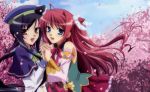  2girls absurdres black_hair blue_eyes brown_eyes cherry_blossoms contemporary cosplay costume_switch hat highres kan&#039;u koihime_musou long_hair multiple_girls official_art ooshima_miwa petals redhead ryuubi school_uniform very_long_hair 