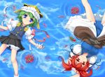  2girls arms_behind_head arms_up blue_eyes clouds female flower from_above green_hair hair_bobbles hair_ornament hat lying multiple_girls on_back onozuka_komachi red_eyes redhead reflection rotational_symmetry shiki_eiki short_hair smile spider_lily touhou twintails wapokichi water 