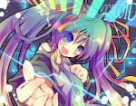  1girl aqua_hair bad_id blue_eyes colorful detached_sleeves fang female gradient_hair hair_ribbon hatsune_miku long_hair multicolored_hair necktie purple_hair rarami ribbon smile solo twintails vocaloid 