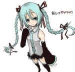  1girl alternate_hairstyle aqua_eyes aqua_hair bad_id braid detached_sleeves female hair_ribbon hatsune_miku long_hair miyamae_porin moe ribbon simple_background skirt solo thigh-highs translated twin_braids vocaloid white_background zettai_ryouiki 