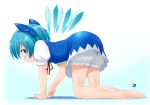  1girl all_fours barefoot bloomers blue_eyes blue_hair blush bow cirno female full_body gradient gradient_background hair_bow nagian ribbon solo the_embodiment_of_scarlet_devil touhou underwear wings 