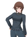  00s 1girl breasts brown_hair casual chemical-x denim female heterochromia jeans older pants rozen_maiden short_hair simple_background solo souseiseki sweater white_background 