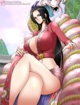  1girl amazon amazon_lily black_eyes black_hair boa_hancock breasts cleavage earrings female huge_breasts jewelry legs_crossed midriff mokusa navel no_bra one_piece salome_(one_piece) shichibukai sitting snake watermark web_address 