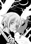  1boy androgynous back bare_tree cloak close-up coat crescent_moon crona_(soul_eater) death_the_kid dutch_angle expressionless face imawano_lem looking_at_viewer monochrome moon open_mouth plant ragnarok_(demon_sword) sheath sheathed short_hair soul_eater standing sword tree upper_body weapon 