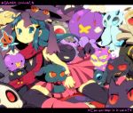  1girl azuma_seiji bad_id banette blue_eyes blue_hair bracelet drifblim drifloon dusclops dusknoir duskull engrish footwear froslass frown gastly gengar ghost hair_ornament haunter hikari_(pokemon) jewelry long_hair misdreavus mismagius pokemon ranguage rotom sableye scarf shedinja shuppet skirt socks spiritomb thigh-highs 