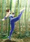  1girl ass bad_id bamboo bamboo_forest bodysuit brown_hair capcom chun-li ex_hk female forest full_body highres muscle nature outdoors solo street_fighter 