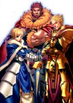  1girl absurdres ahoge armor avalon_(fate/stay_night) beard blonde_hair blue_eyes cape earrings excalibur facial_hair fate/stay_night fate/zero fate_(series) gauntlets gilgamesh highres huge_filesize itou_ben jewelry king multiple_boys photoshop planted_sword planted_weapon red_eyes redhead rider_(fate/zero) saber sheath sheathed short_hair sword type-moon weapon 