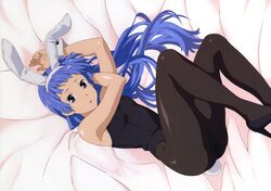  1girl absurdres animal_ears bangs bed blue_hair blunt_bangs bunnysuit high_heels highres kannagi long_hair lying nagi official_art on_back pantyhose rabbit_ears shoes solo takahirokun violet_eyes 