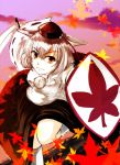  1girl animal_ears autumn_leaves bad_id blue_sky blush falling_leaves female foro_(planet_cage) hat inubashiri_momiji looking_at_viewer o_kawa pom_pom_(clothes) red_eyes shield silver_hair sky solo tokin_hat touhou wolf_ears 