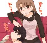  2girls azumanga_daioh azumanga_daiou_hoshuu-hen black_hair blush brown_eyes brown_hair couch finger_in_mouth hand_on_another&#039;s_head long_hair looking_at_viewer lying lying_on_lap mayukichi mizuhara_koyomi multiple_girls open_mouth short_hair takino_tomo 