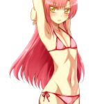  1girl arm_behind_head armpits arms_up bikini blush female flat_chest hairu hayate_no_gotoku! holding_arm katsura_hinagiku long_hair lowres mound_of_venus navel pink_hair side-tie_bikini solo standing stretch swimsuit yellow_eyes 