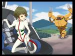  1boy 1girl akizuki_ryou blue_eyes blue_sky bodysuit clouds field grass green_hair gundam helmet idolmaster idolmaster_dearly_stars kapool looking_back machinery mecha mountain outdoors pilot_suit plant running sei-teki short_hair sky takatsuki_yayoi trap turn_a_gundam 