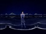  1girl bare_shoulders barefoot beach collarbone female night ocean original outdoors reflection shell shiira sky solo star 