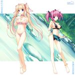  2girls anklet armband bad_id barefoot bikini bikini_skirt blonde_hair blue_eyes breasts cleavage feet highres jewelry koshino_karen large_breasts legs lieselotte_schreiber long_hair long_legs medium_breasts multiple_girls neck_ring owari_naki_natsu_towa_naru_shirabe pink_hair sayori short_hair side-tie_bikini strap_gap swimsuit translated twintails violet_eyes 