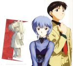  1boy 2girls absurdres adjusting_clothes artbook ayanami_rei blue_hair brown_hair dress earrings formal gainax hasegawa_shin&#039;ya highres ikari_shinji jewelry multiple_girls necktie neon_genesis_evangelion official_art red_eyes short_hair souryuu_asuka_langley suit younger 