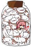  1girl axolotl blue_eyes bottle chibi headphones heart in_container jar long_hair megurine_luka minigirl odd_one_out salamander simple_background starshadowmagician vocaloid what 