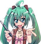  1girl blue_eyes breasts cleavage fang green_hair hatsune_miku jewelry long_hair medium_breasts necklace pen simple_background solo tom_(drpow) twintails vocaloid 