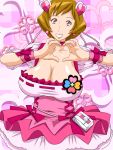  1girl breasts brown_hair choker cleavage cosplay cure_peach cure_peach_(cosplay) female fresh_precure! grin hair_ornament heart heart_hair_ornament heart_hands huge_breasts looking_at_viewer magical_girl momozono_ayumi precure short_hair smile solo tetsukui 