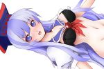  1girl bad_id black_bra blue_eyes blue_hair blush bra breasts cleavage female groin hat kamishirasawa_keine lingerie long_hair mound_of_venus open_clothes open_mouth open_shirt shirt shishigami_(sunagimo) sideways solo touhou underwear 